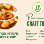 Promotional graphic for premium craft tofu showing a spoonful of tofu in sauce, with text highlighting its nutrition as a superfood and listing minerals including iron, magnesium, copper, manganese, zinc, potassium, and selenium.