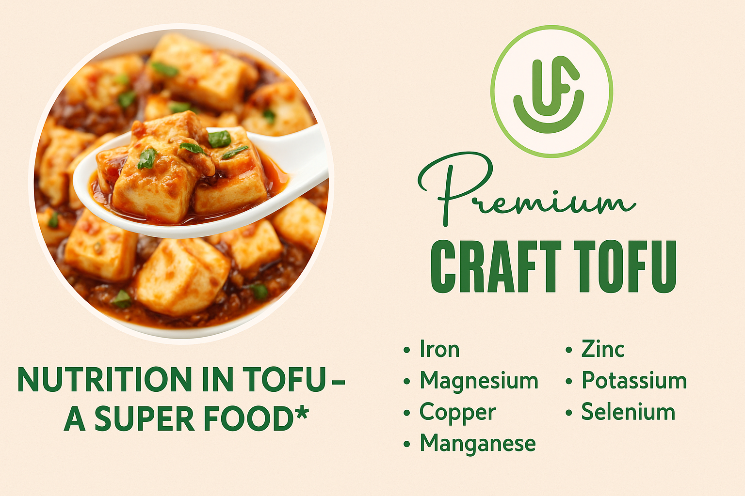 Promotional graphic for premium craft tofu showing a spoonful of tofu in sauce, with text highlighting its nutrition as a superfood and listing minerals including iron, magnesium, copper, manganese, zinc, potassium, and selenium.