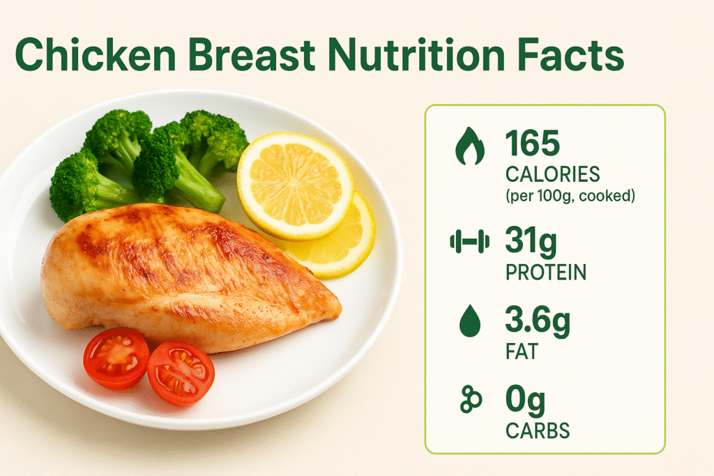 Nutrition facts graphic for chicken breast showing a plate with grilled chicken, broccoli, lemon, and cherry tomatoes. Text highlights: 165 calories per 100g cooked, 31g protein, 3.6g fat, and 0g carbs
