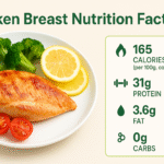 Nutrition facts graphic for chicken breast showing a plate with grilled chicken, broccoli, lemon, and cherry tomatoes. Text highlights: 165 calories per 100g cooked, 31g protein, 3.6g fat, and 0g carbs