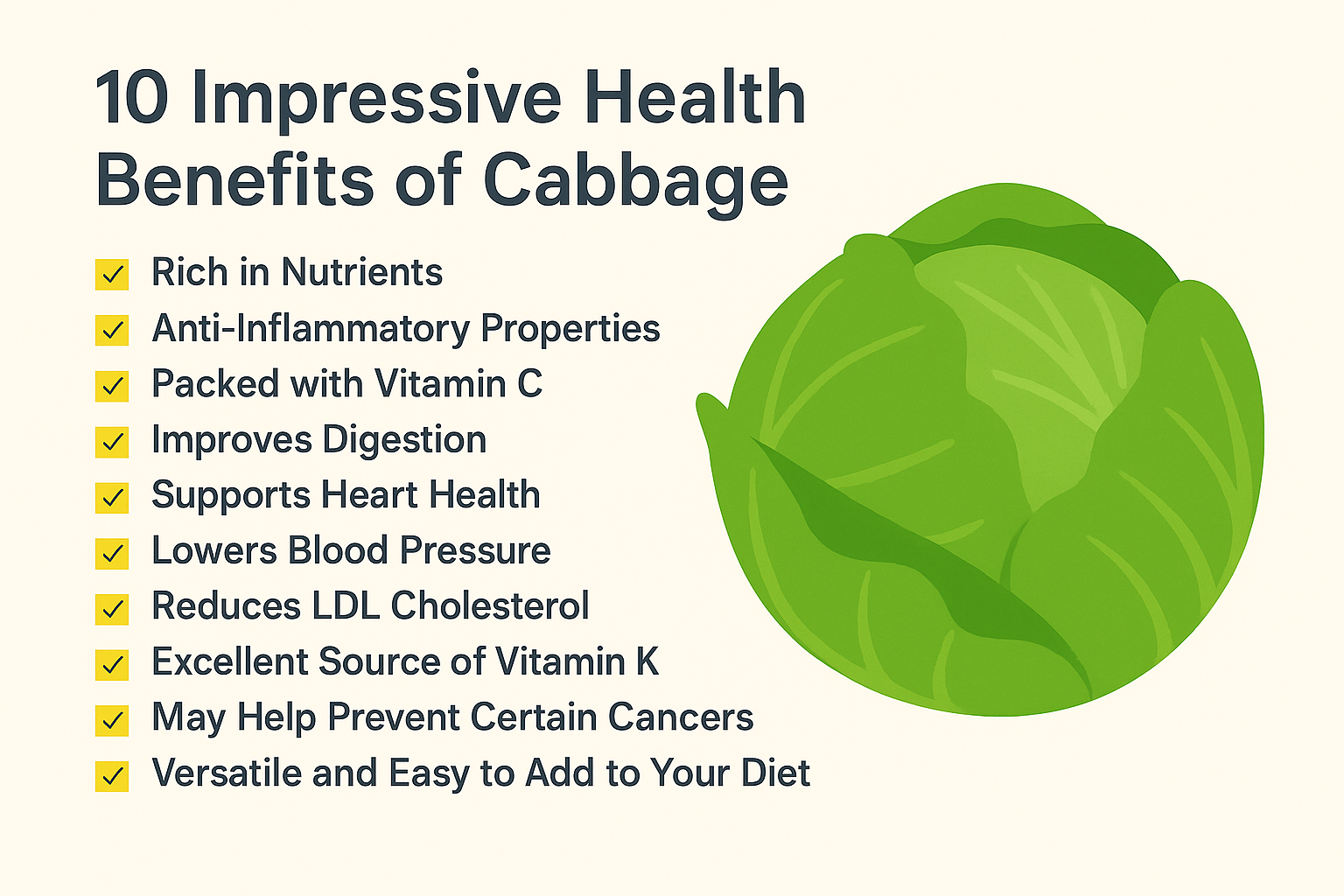 10 Impressive Health Benefits of Cabbage,’ featuring a green cabbage image and key points such as rich in nutrients, anti-inflammatory properties, high vitamin C, improved digestion, supports heart health, lowers blood pressure, reduces LDL cholesterol, excellent source of vitamin K, potential cancer prevention, and versatile uses