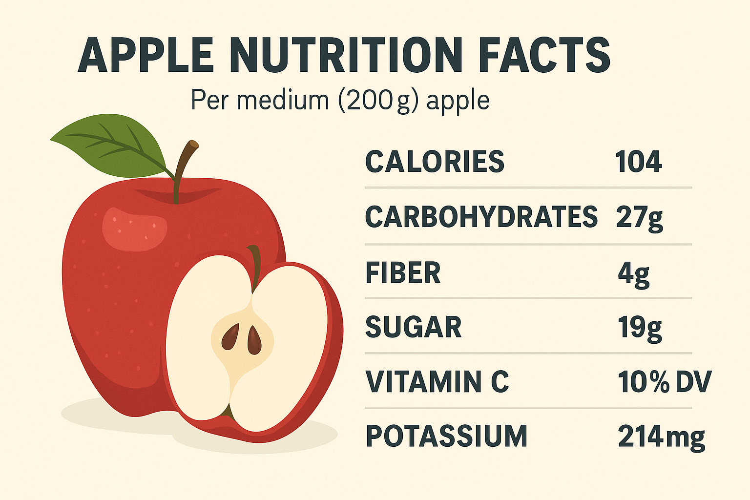 Apple nutrition facts infographic showing calories, carbs, fiber, sugar, vitamin C, and potassium per medium 200g apple alongside a red apple illustration.