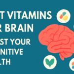 A vibrant teal background with bold white text reading "BEST VITAMINS FOR BRAIN" and "BOOST YOUR COGNITIVE HEALTH." In the center, a stylized coral-orange brain illustration is surrounded by circular icons representing brain-boosting supplements, including a leaf, vitamin capsules, and a droplet.