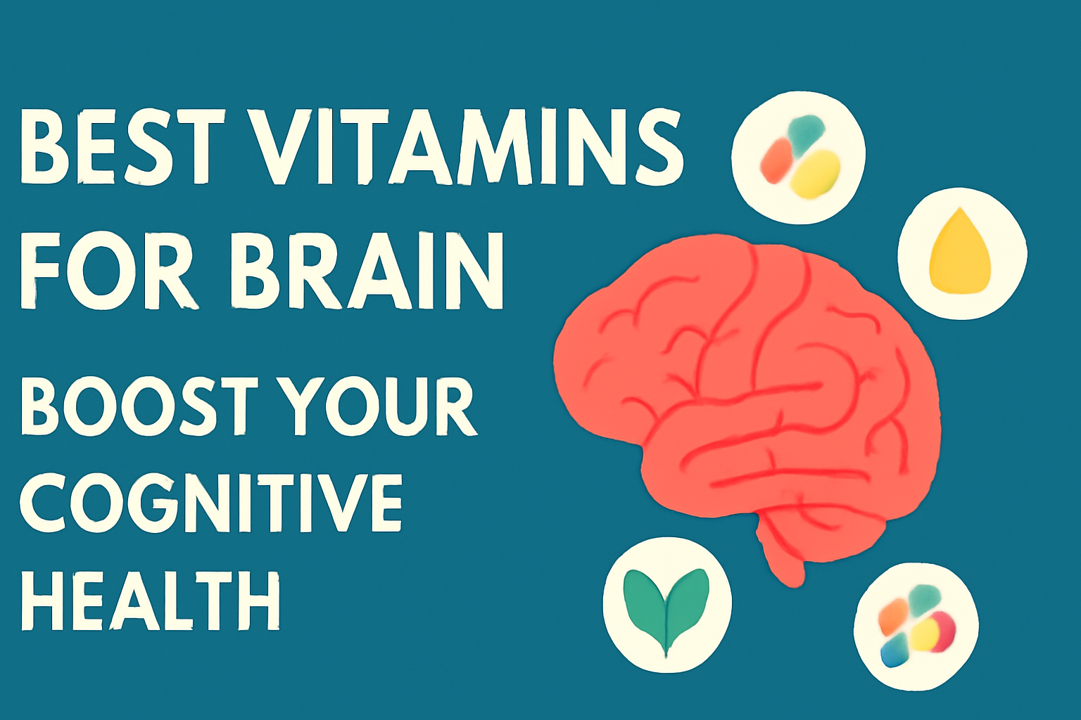 A vibrant teal background with bold white text reading "BEST VITAMINS FOR BRAIN" and "BOOST YOUR COGNITIVE HEALTH." In the center, a stylized coral-orange brain illustration is surrounded by circular icons representing brain-boosting supplements, including a leaf, vitamin capsules, and a droplet.