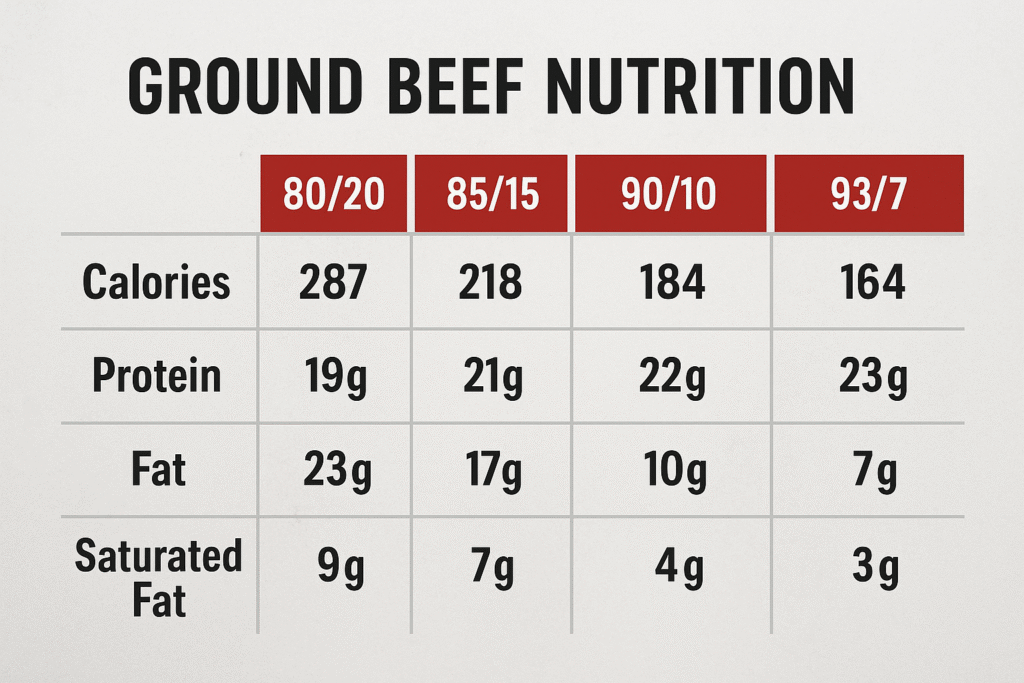 Ground beef nutrition infographic comparing 80/20, 85/15, 90/10, and 93/7 ratios with calories, protein, fat, and saturated fat values displayed in a clean table format.