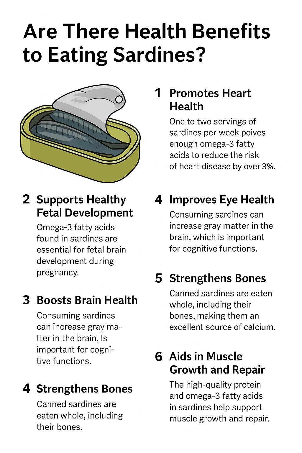 Infographic on the health benefits of eating sardines, featuring a white background with black text and colorful accent icons illustrating nutrients like omega-3 fatty acids, calcium, protein, and vitamin D, along with small sardine illustrations and key health highlights.