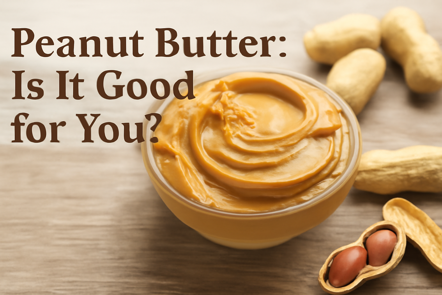 Glass bowl filled with smooth peanut butter, surrounded by whole peanuts, with the text 'Peanut Butter: Is It Good for You?' in bold, dark brown letters above the bowl on a wooden surface.