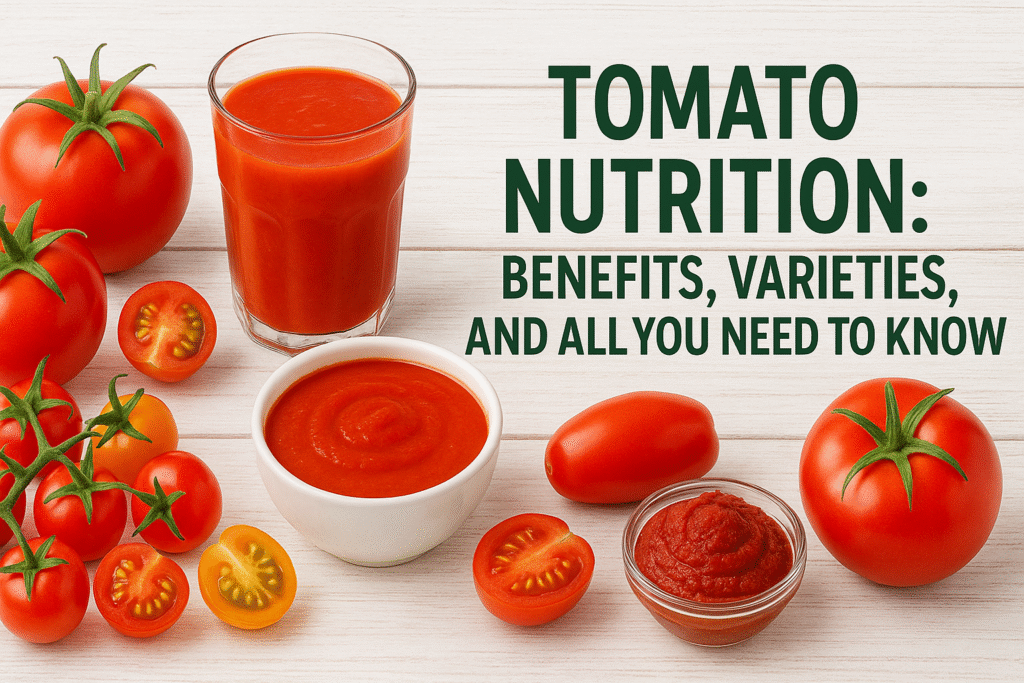 Fresh tomatoes, tomato juice, and tomato sauce displayed on a wooden table with text “Tomato Nutrition: Benefits, Varieties, and All You Need to Know.