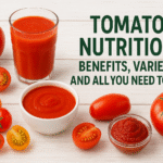 Fresh tomatoes, tomato juice, and tomato sauce displayed on a wooden table with text “Tomato Nutrition: Benefits, Varieties, and All You Need to Know.