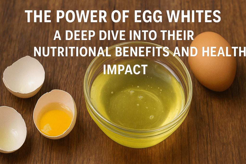 Fresh egg whites in a bowl with cracked eggs on a wooden table, symbolizing their nutritional benefits and health impact.