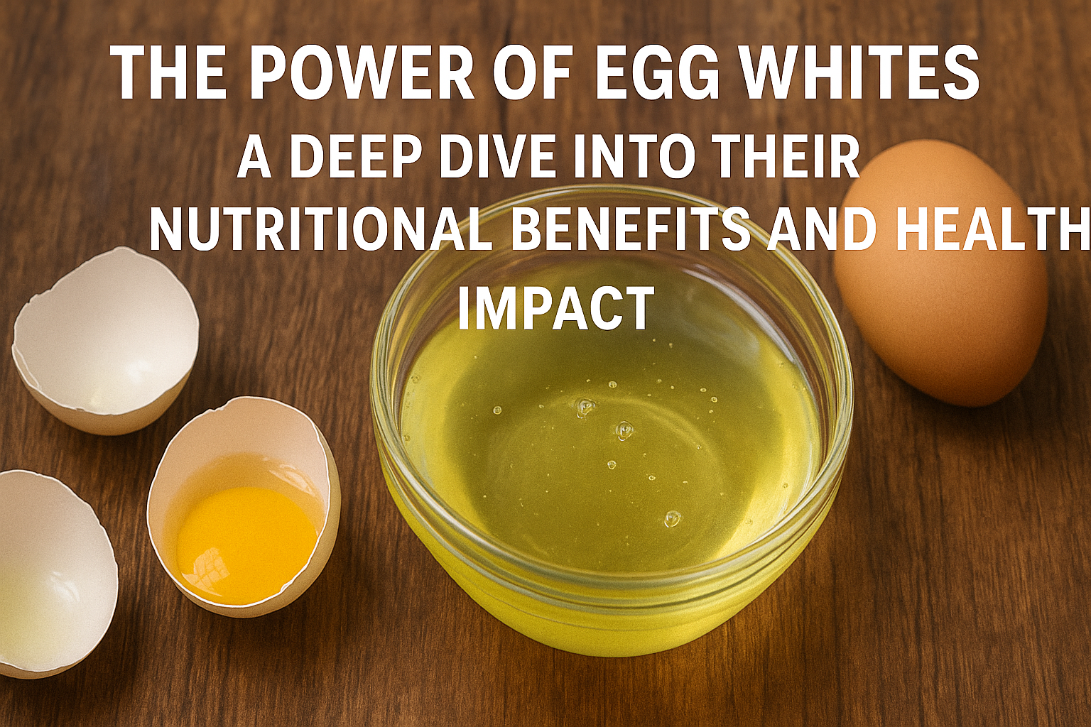 Fresh egg whites in a bowl with cracked eggs on a wooden table, symbolizing their nutritional benefits and health impact.