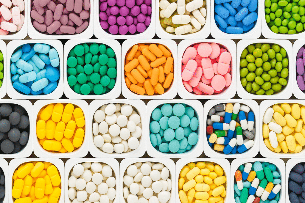 Close-up of multiple square white containers filled with colorful pills and capsules in various shapes and colors, arranged in a neat grid pattern.